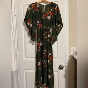 Simplee Apparel Dark Green Maxi Dress with Floral Print